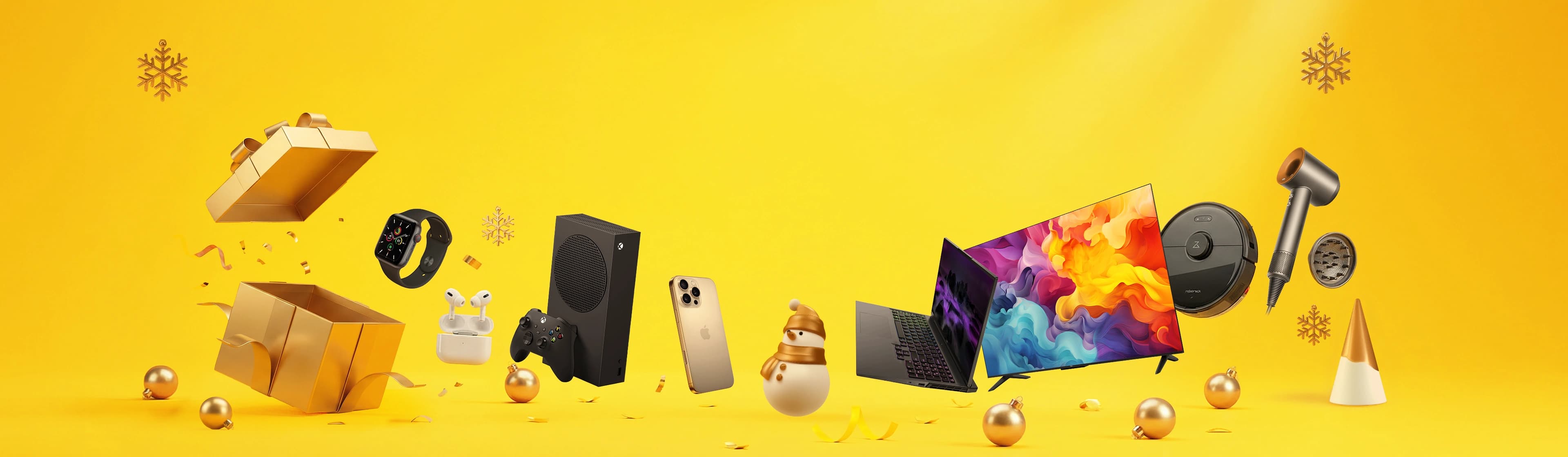 Fundal galben cu diverse dispozitive electronice, inclusiv telefoane, tablete și laptopuri, aranjate artistic.